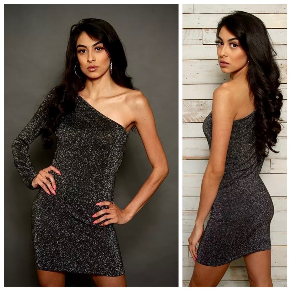 BCBGMaxAzria Black Silver Glitter Sparkle One Shoulder Cocktail Mini Dress M